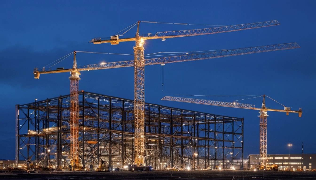 Large building site with tower cranes at dusk