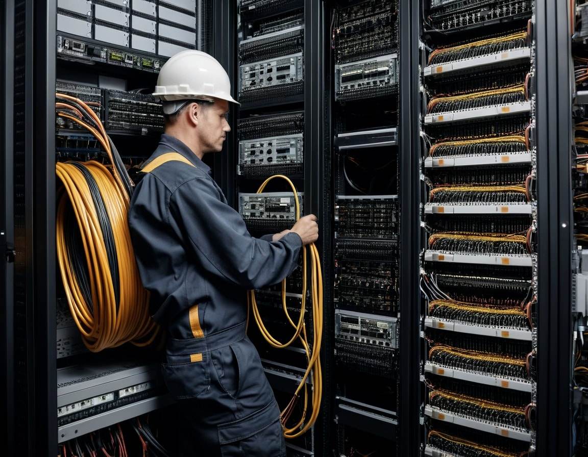 Electrician connecting cables in a data center distribution cabinet