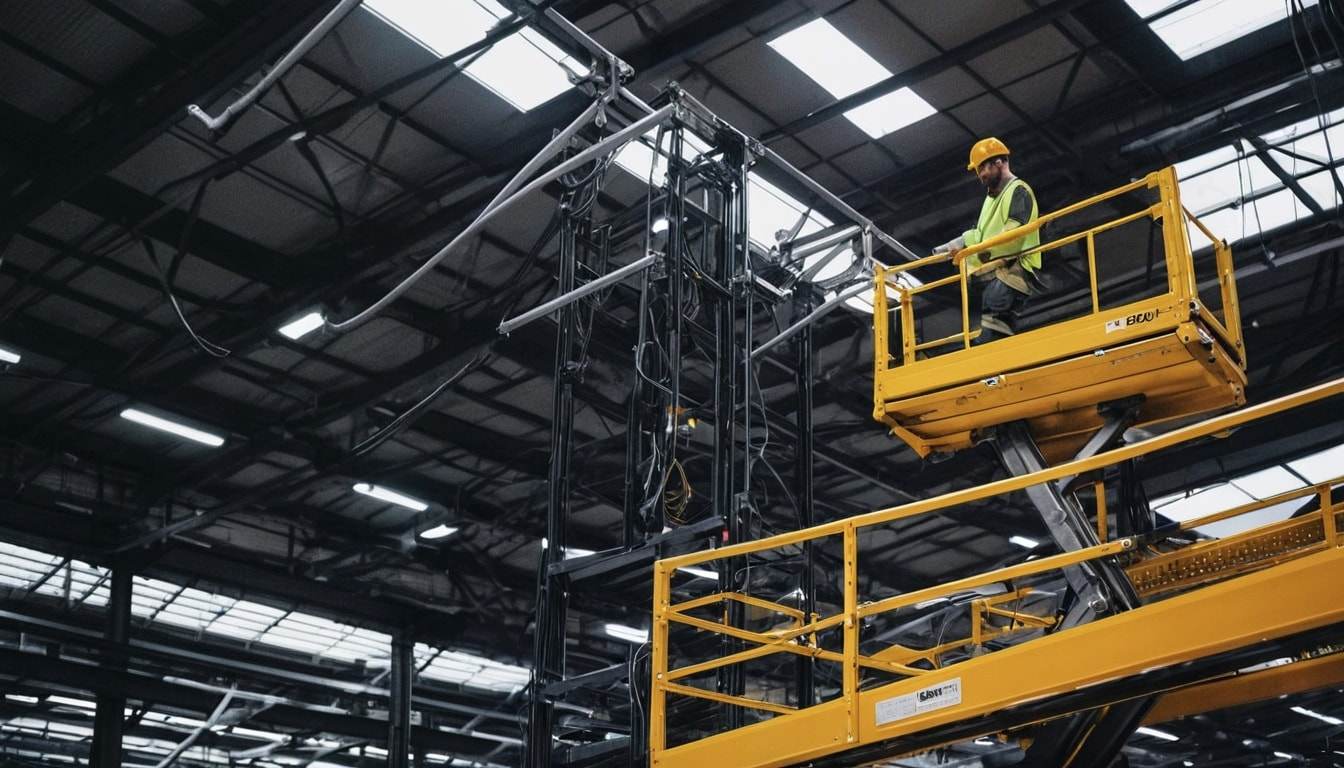 Installing cable trays at height in an industrial hall