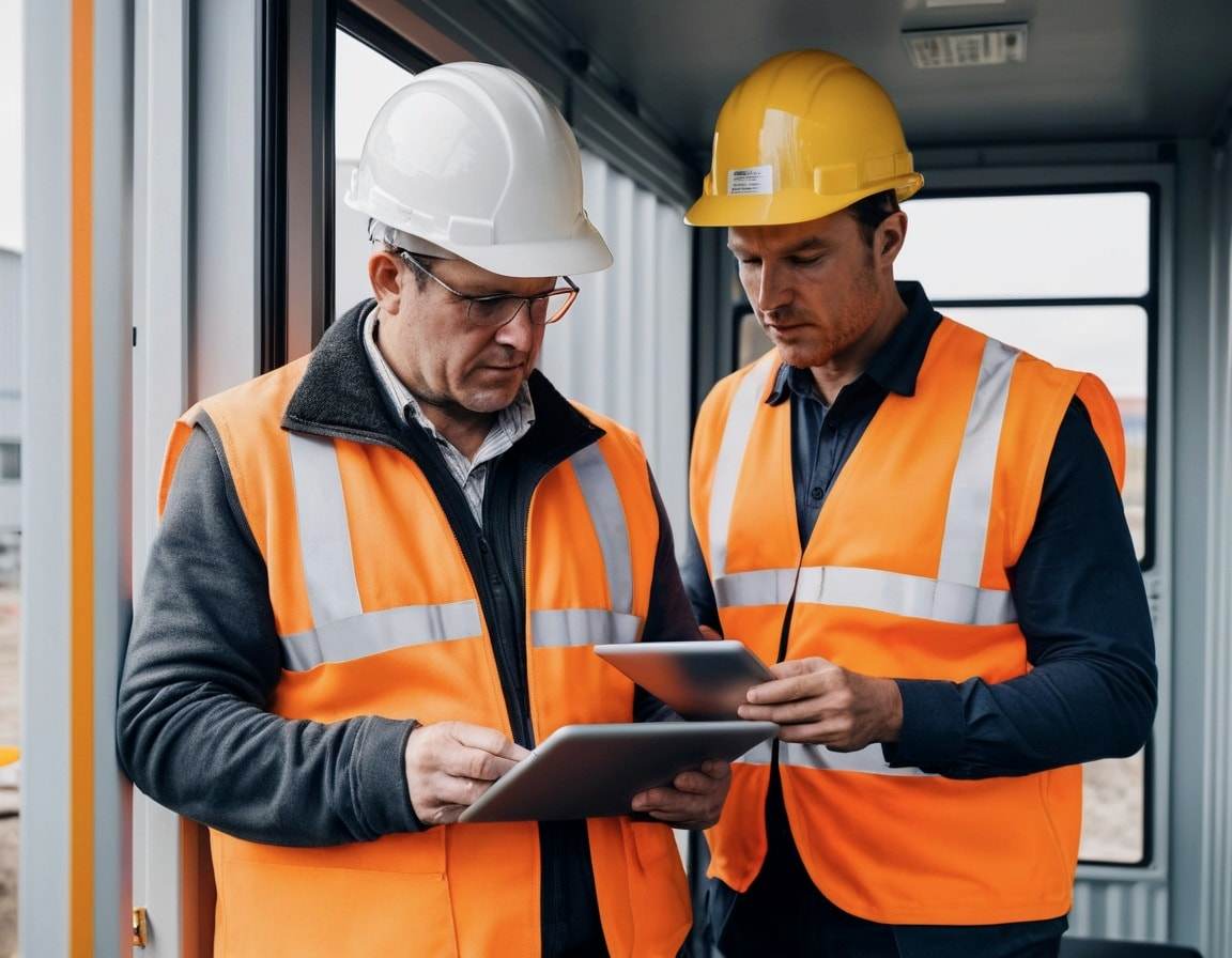 Site manager and electrician reviewing documents