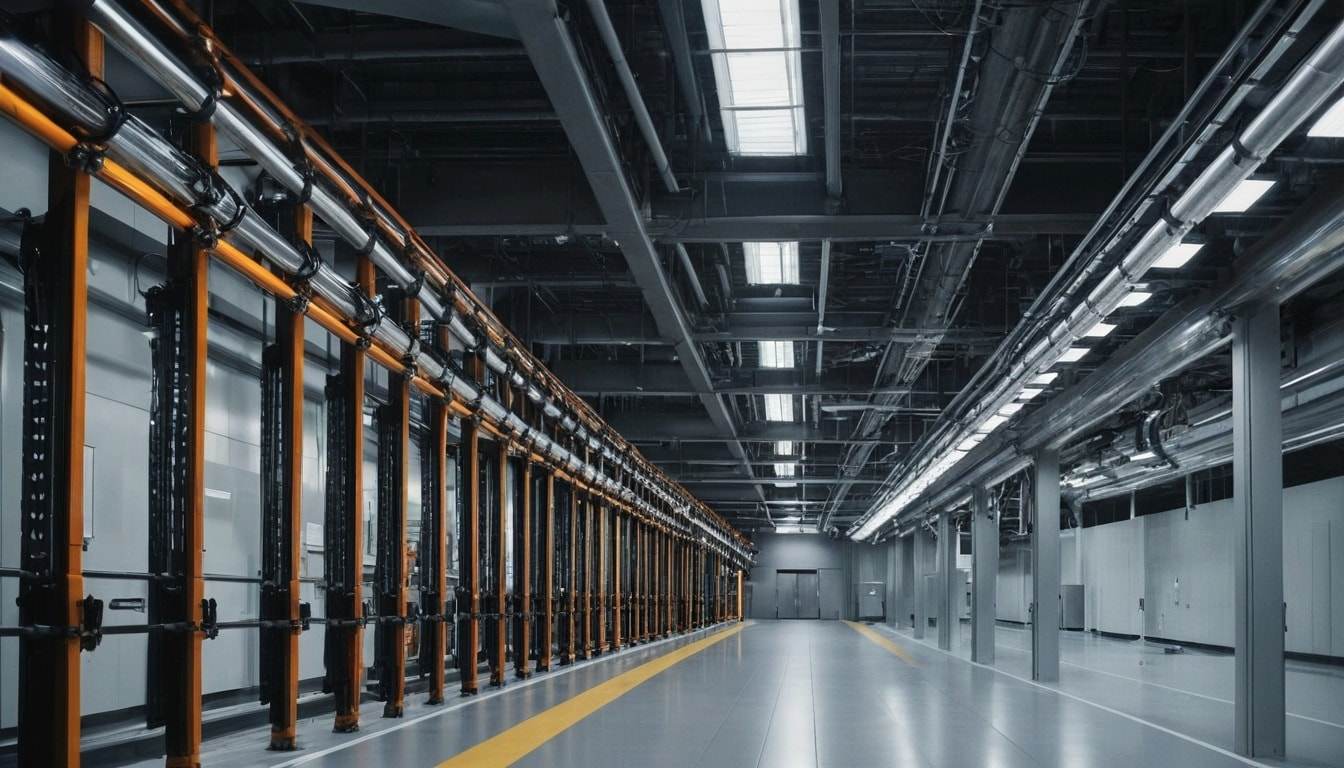 Corridor of a technical facility with cable ladders and installations