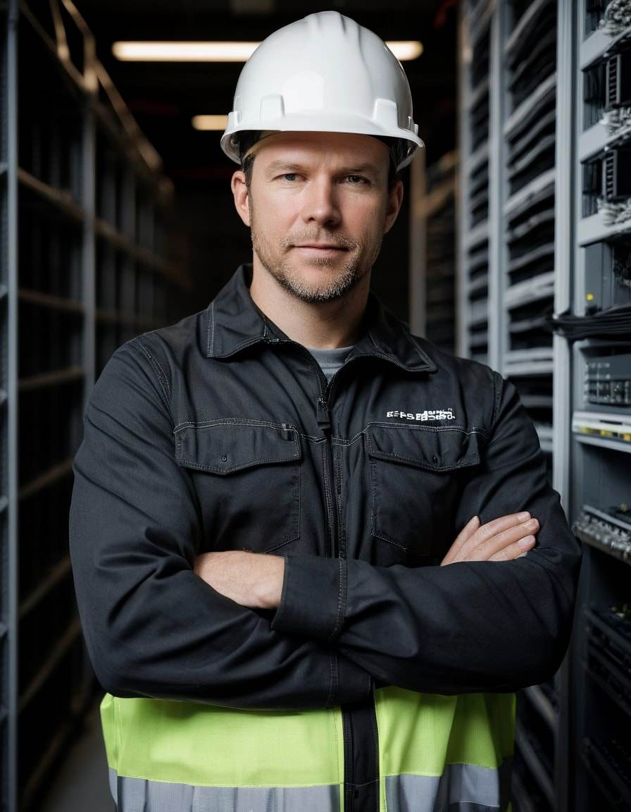 Electrician wearing a hard hat in a data center under construction